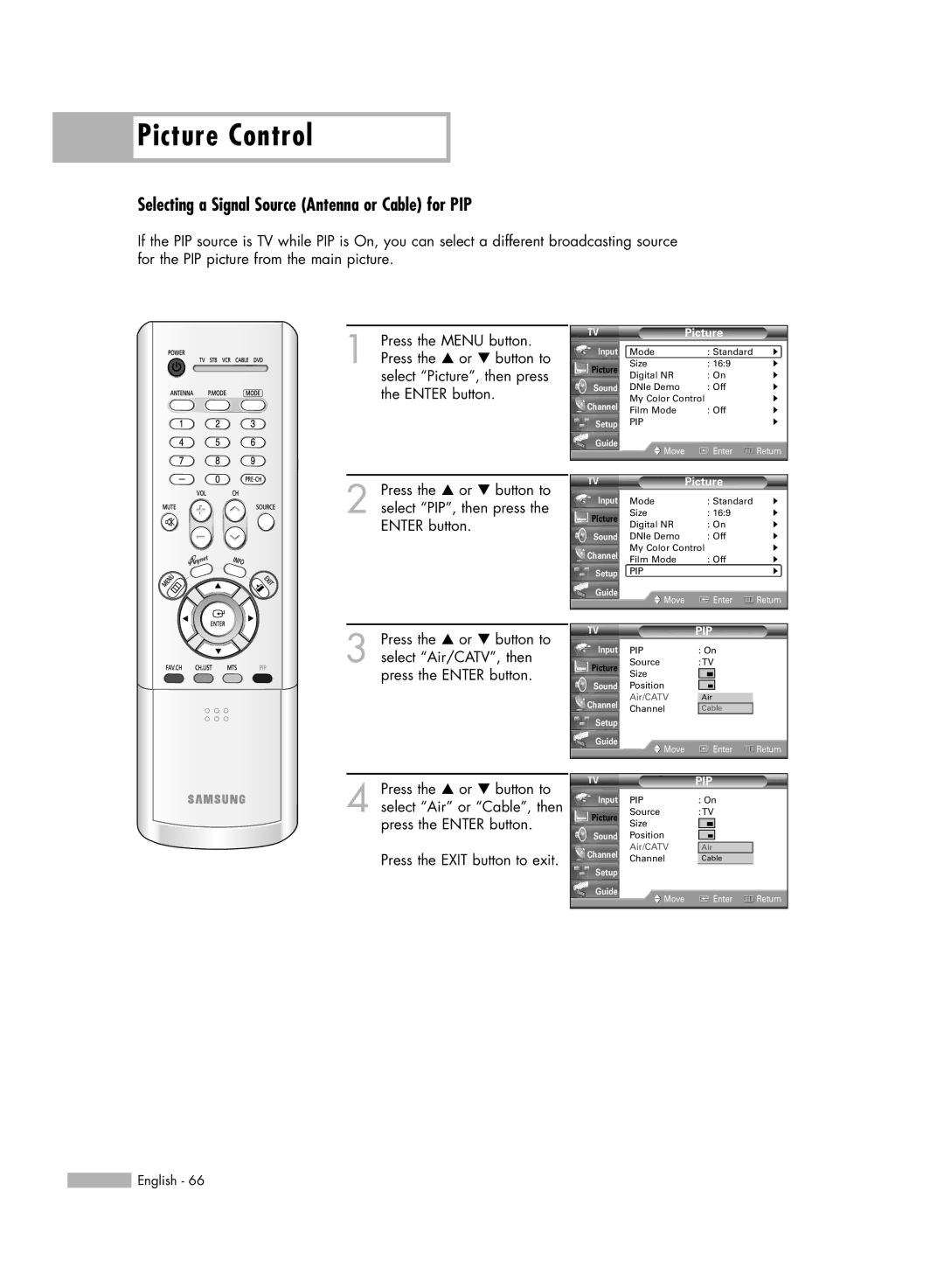 Samsung HL-R5066W manual Selecting a Signal Source Antenna or Cable for PIP 