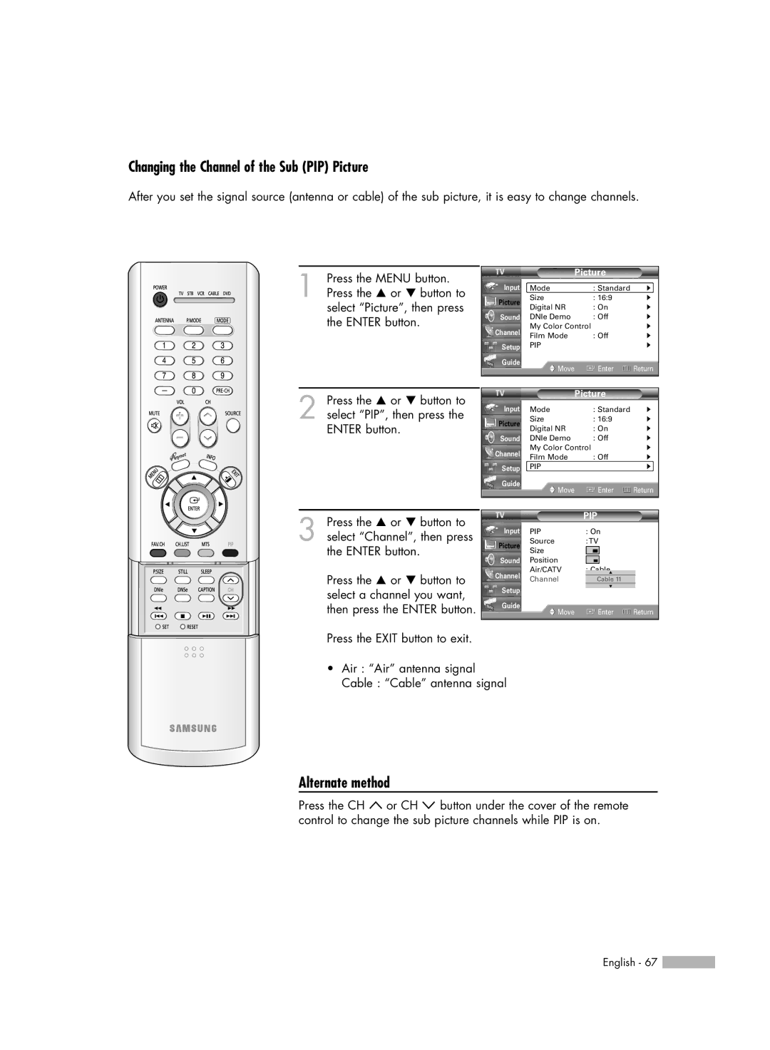 Samsung HL-R5066W manual Changing the Channel of the Sub PIP Picture, Alternate method 