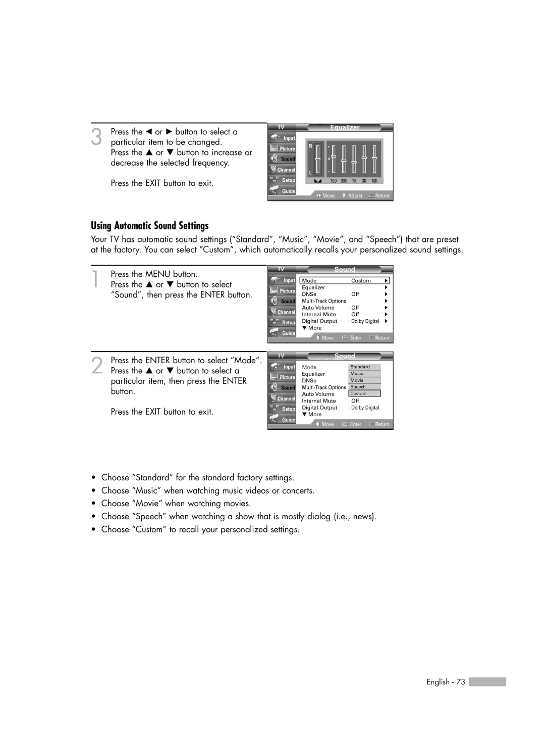 Samsung HL-R5066W manual Using Automatic Sound Settings, Equalizer 