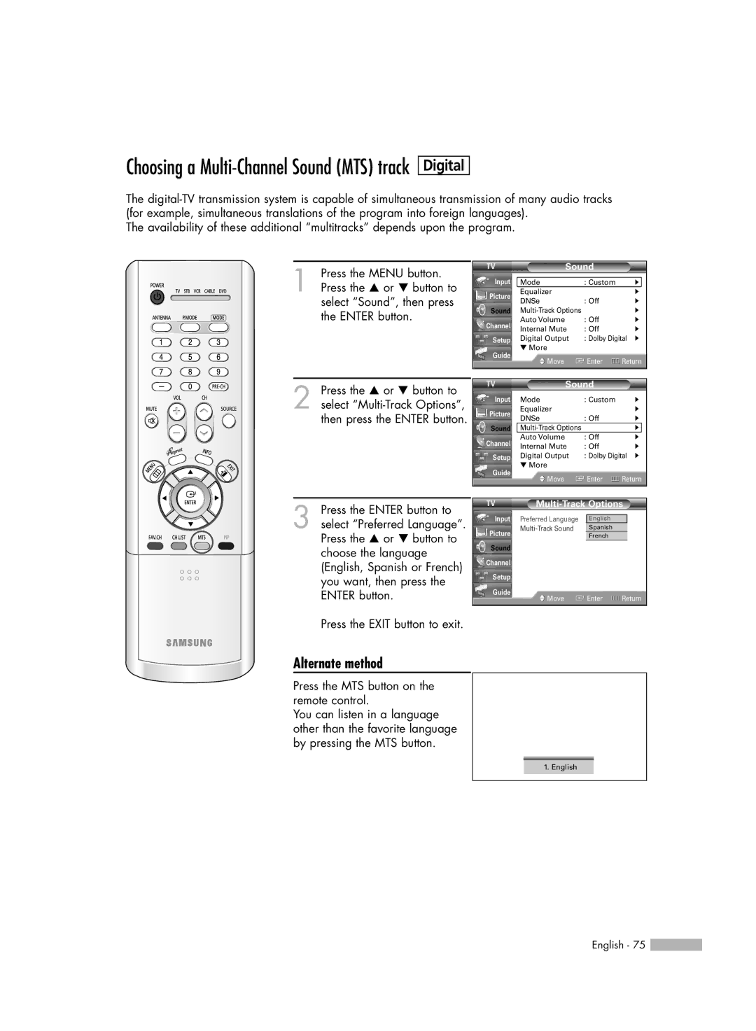 Samsung HL-R5066W manual Press the MTS button on the remote control, Multi-Track Options 