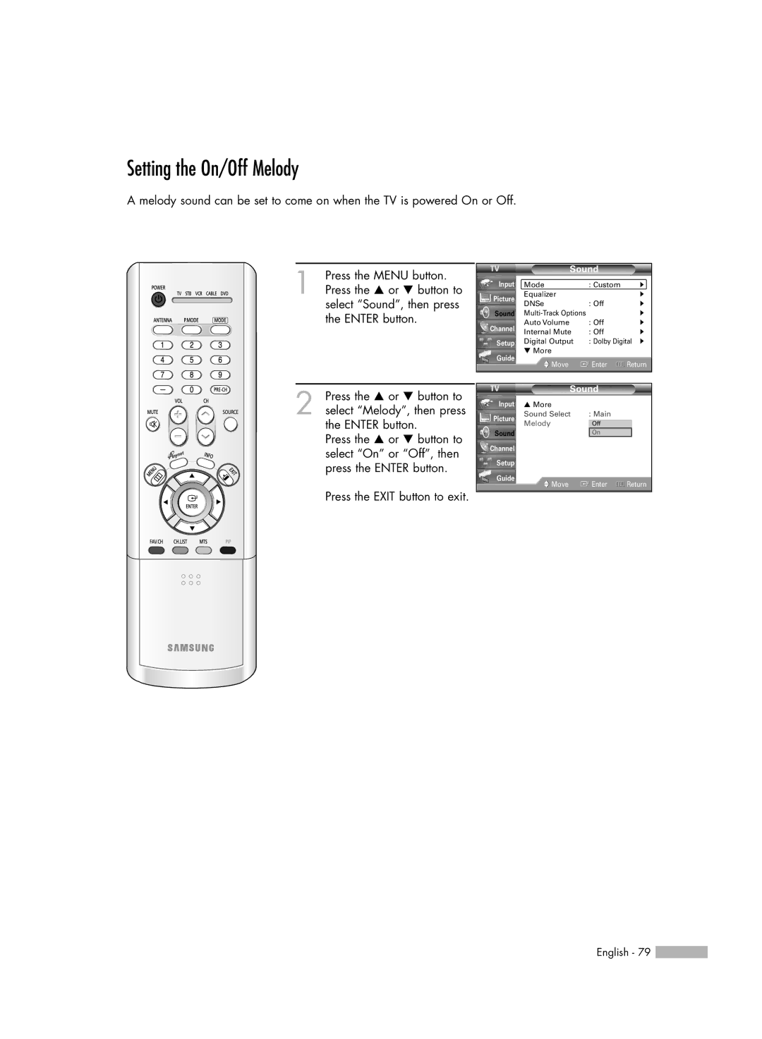 Samsung HL-R5066W manual Setting the On/Off Melody 