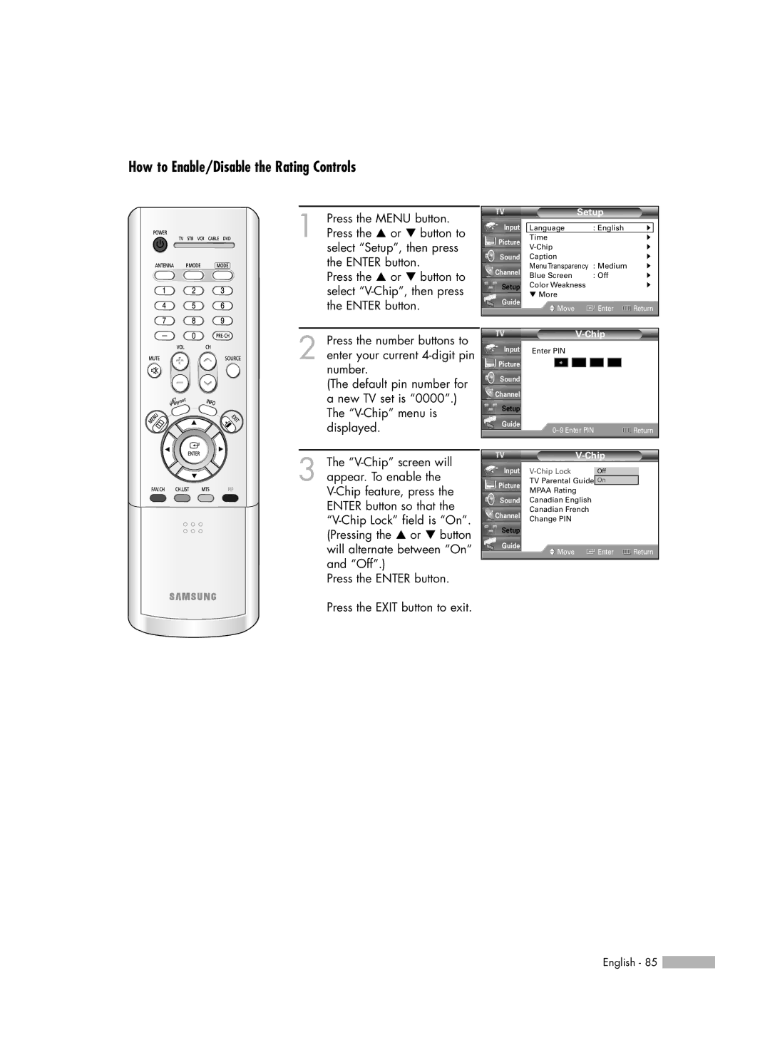 Samsung HL-R5066W manual How to Enable/Disable the Rating Controls 