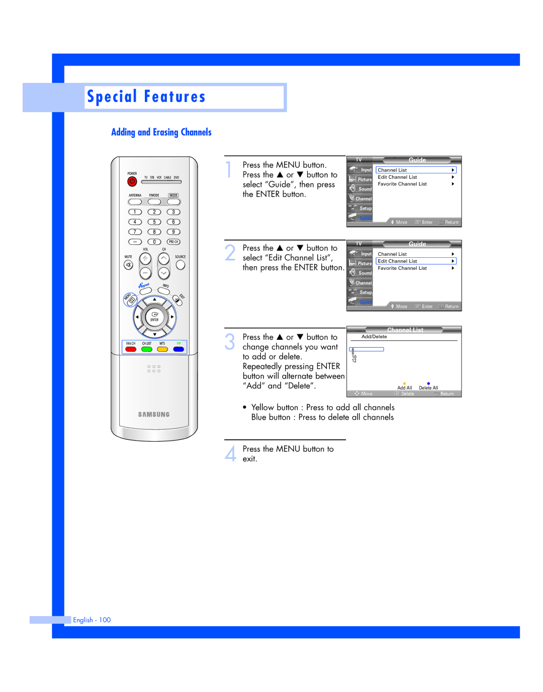 Samsung HL-R5087W, HL-R5687W instruction manual Adding and Erasing Channels 