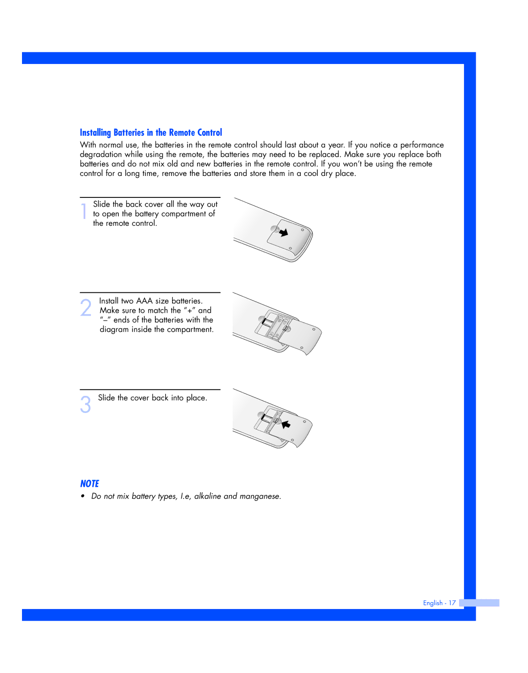 Samsung HL-R5687W, HL-R5087W instruction manual Installing Batteries in the Remote Control 