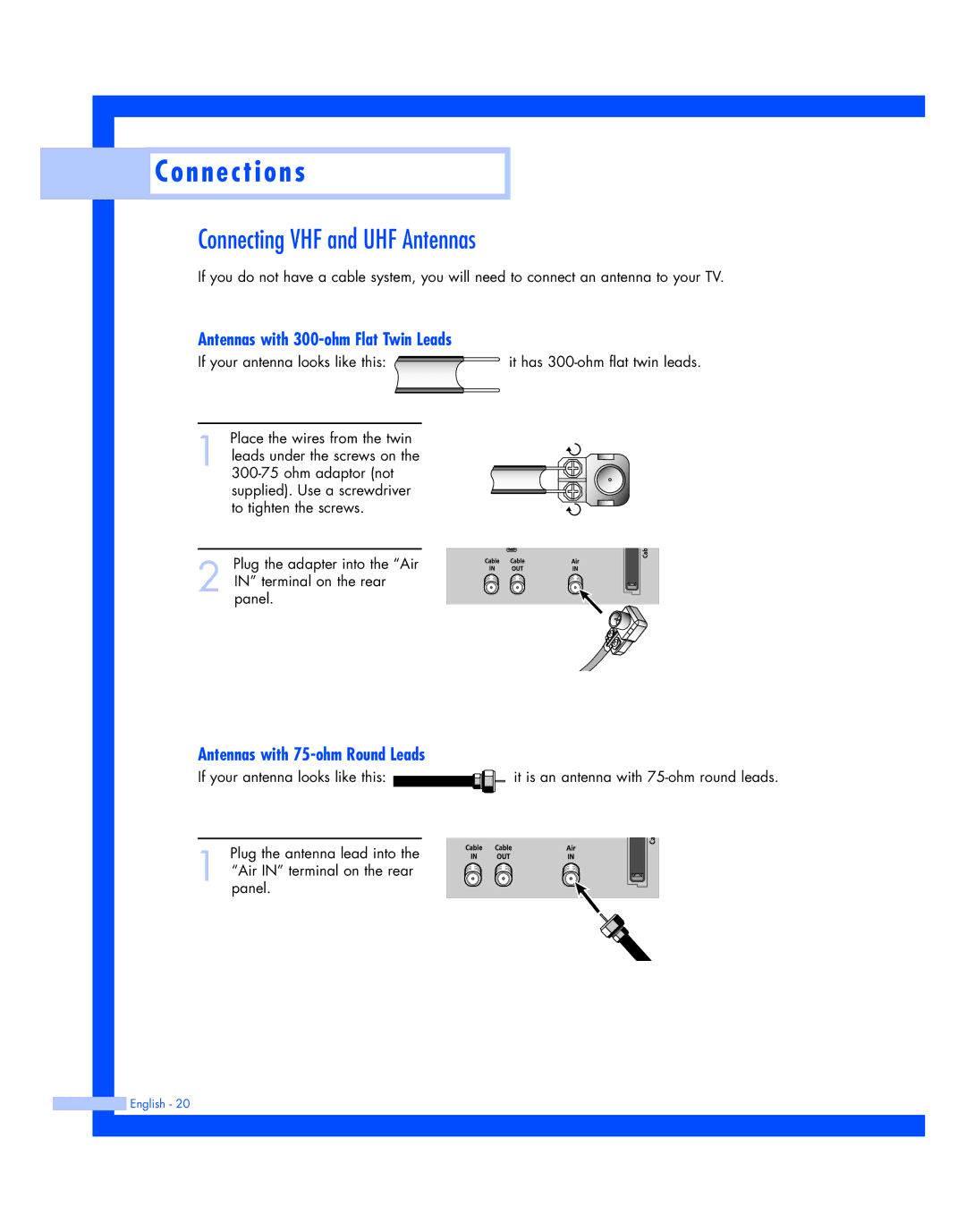 Samsung HL-R5087W Connecting VHF and UHF Antennas, Antennas with 300-ohm Flat Twin Leads, Antennas with 75-ohm Round Leads 