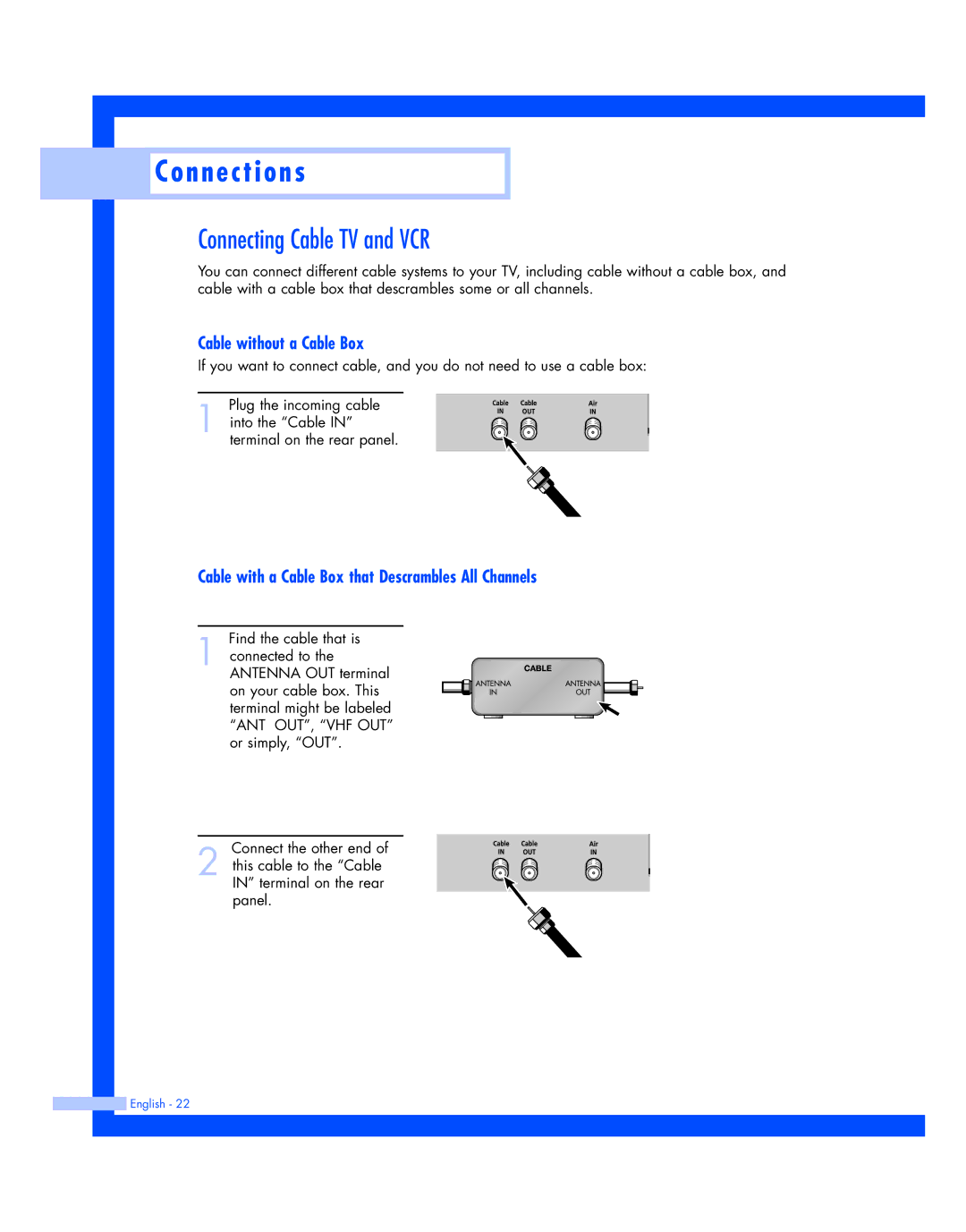 Samsung HL-R5087W, HL-R5687W instruction manual Connecting Cable TV and VCR, Cable without a Cable Box 