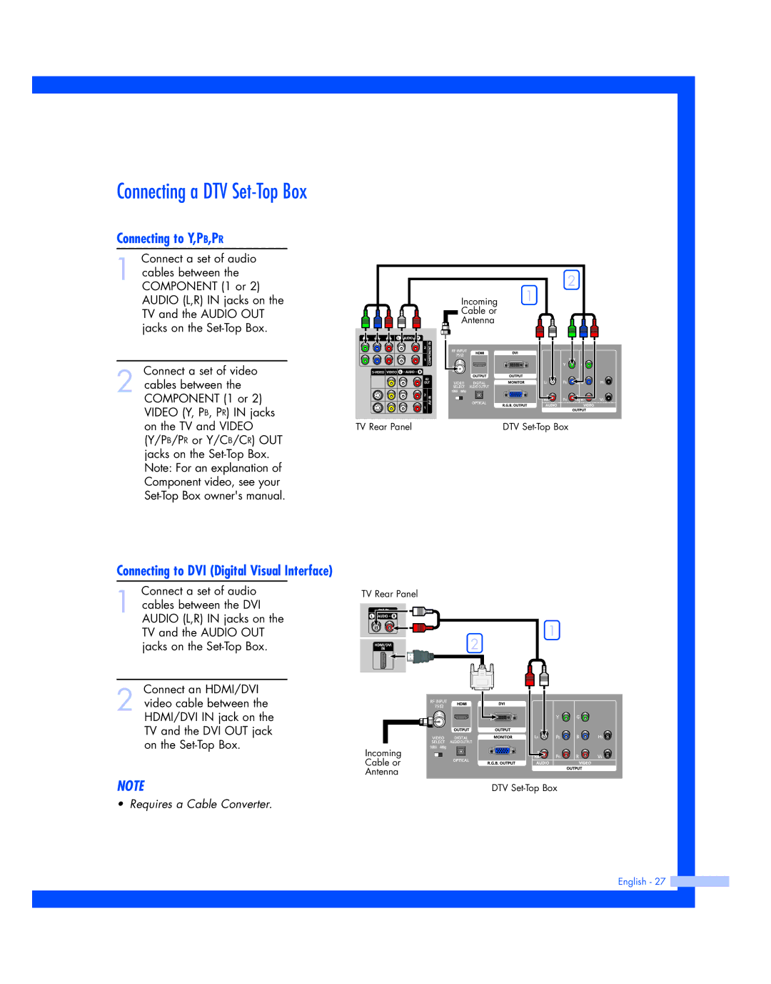 Samsung HL-R5687W, HL-R5087W instruction manual Connecting a DTV Set-Top Box, Connecting to DVI Digital Visual Interface 