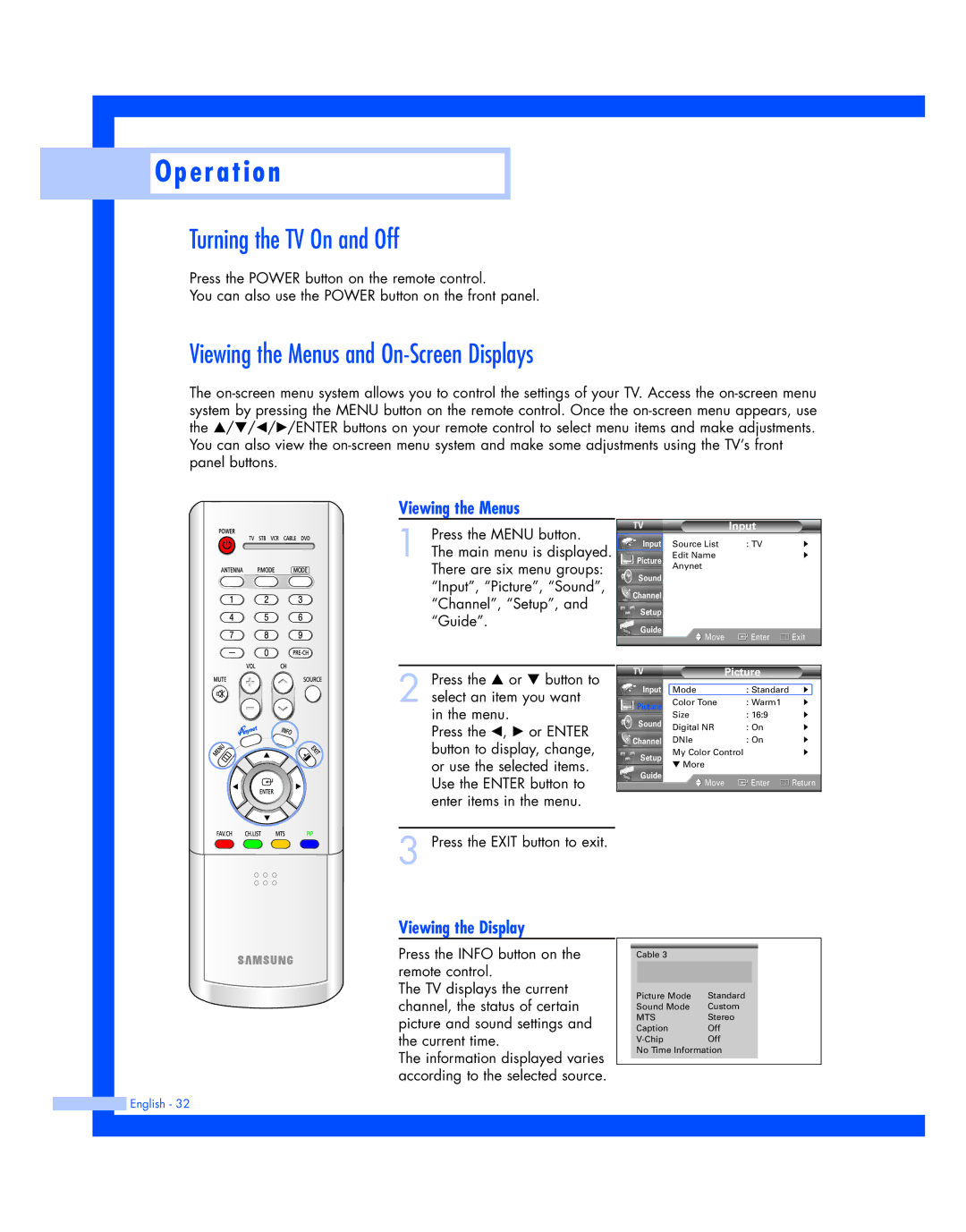 Samsung HL-R5087W, HL-R5687W Turning the TV On and Off, Viewing the Menus and On-Screen Displays, Viewing the Display 