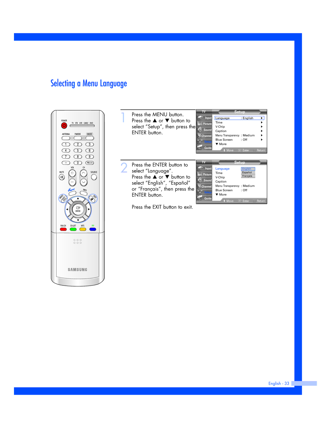 Samsung HL-R5687W, HL-R5087W instruction manual Selecting a Menu Language, Setup 