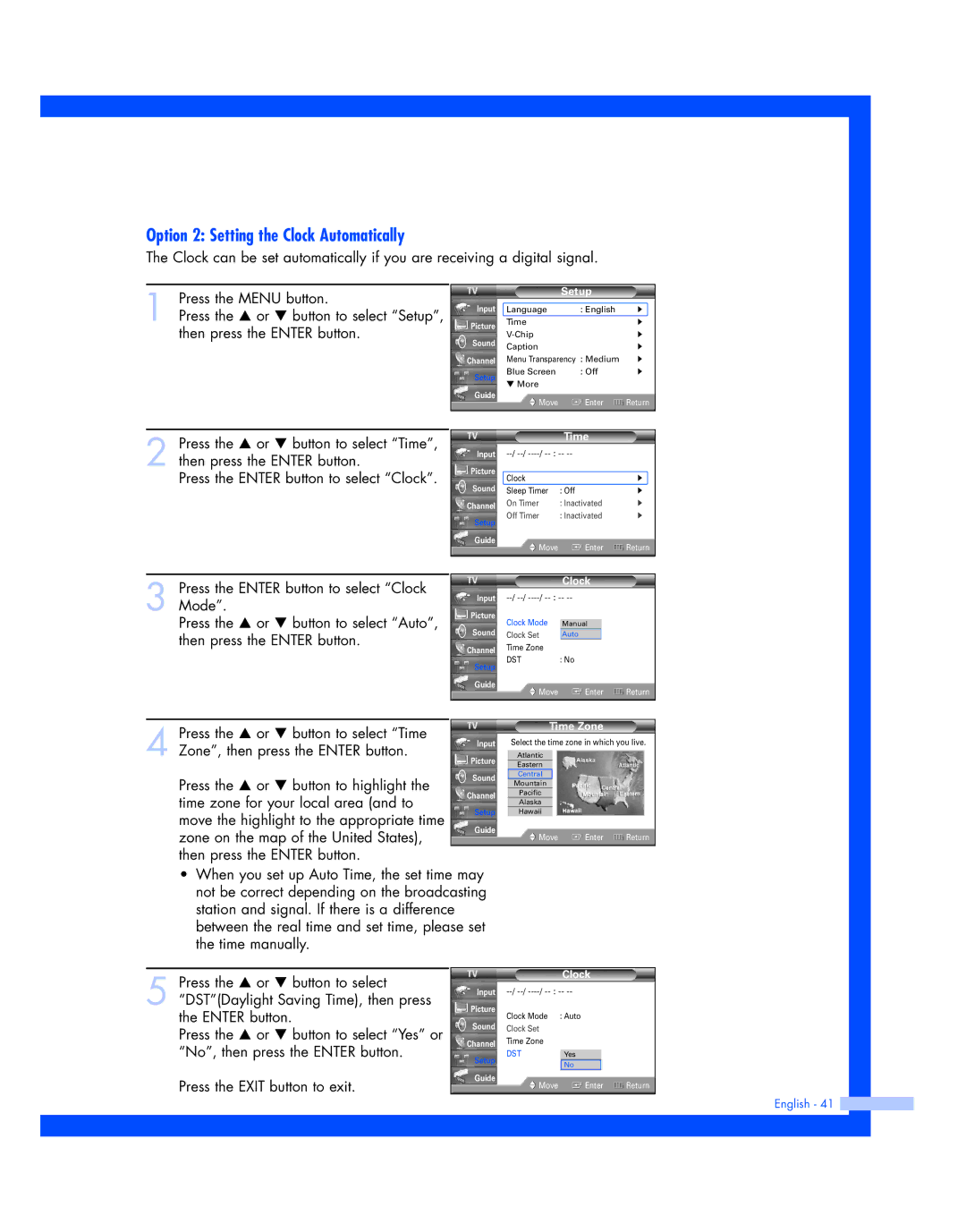 Samsung HL-R5687W, HL-R5087W instruction manual Option 2 Setting the Clock Automatically, Time Zone 