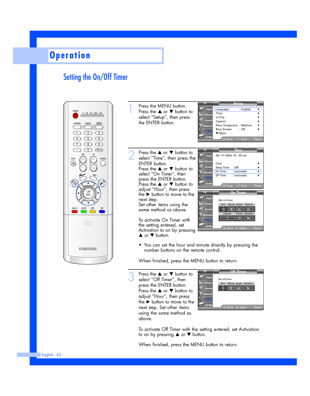 Samsung HL-R5087W, HL-R5687W instruction manual Setting the On/Off Timer, On Timer 