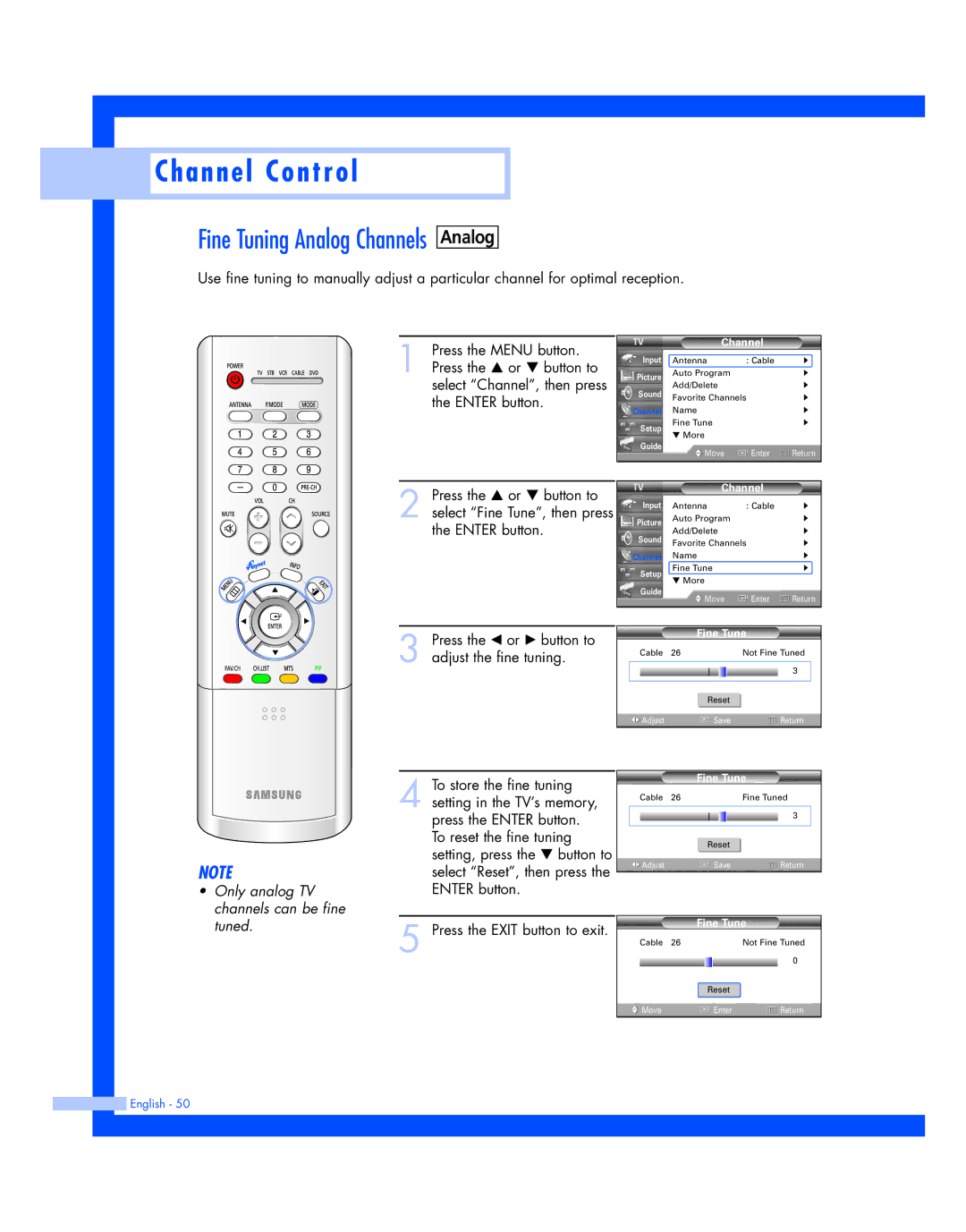 Samsung HL-R5087W, HL-R5687W instruction manual Analog, Fine Tune 