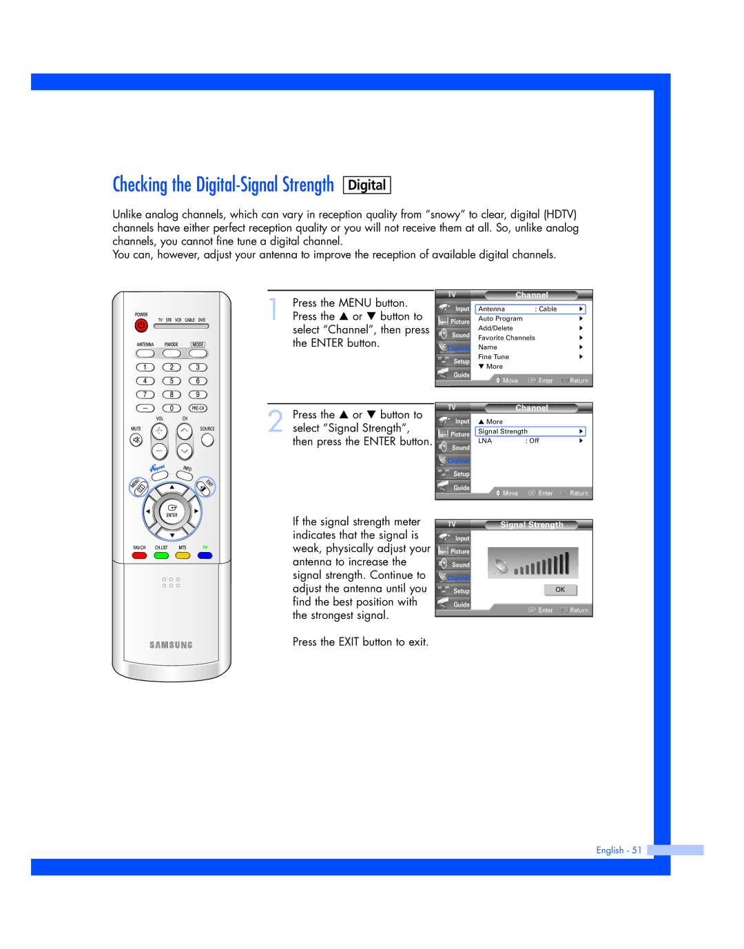 Samsung HL-R5687W, HL-R5087W instruction manual Digital, Signal Strength 