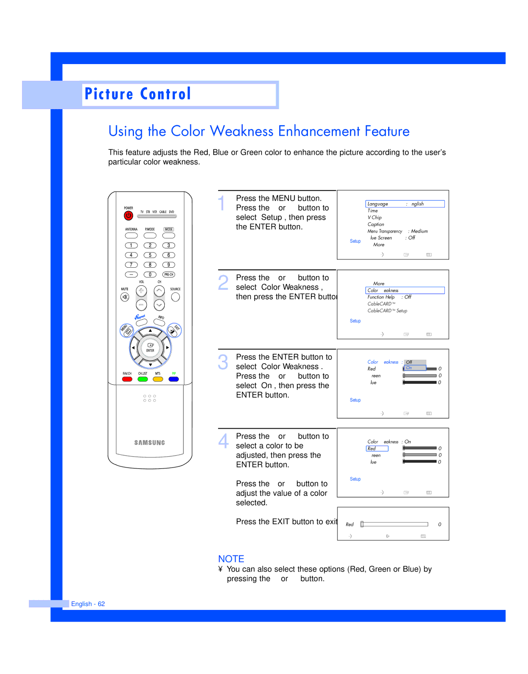 Samsung HL-R5087W, HL-R5687W instruction manual Using the Color Weakness Enhancement Feature 