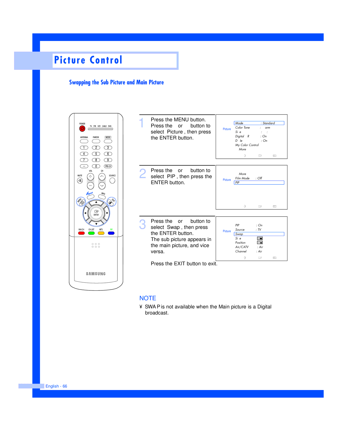 Samsung HL-R5087W, HL-R5687W instruction manual Swapping the Sub Picture and Main Picture 