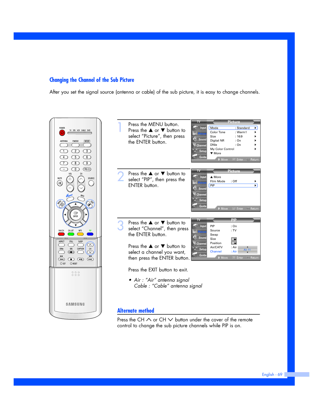 Samsung HL-R5687W, HL-R5087W instruction manual Changing the Channel of the Sub Picture, Alternate method 