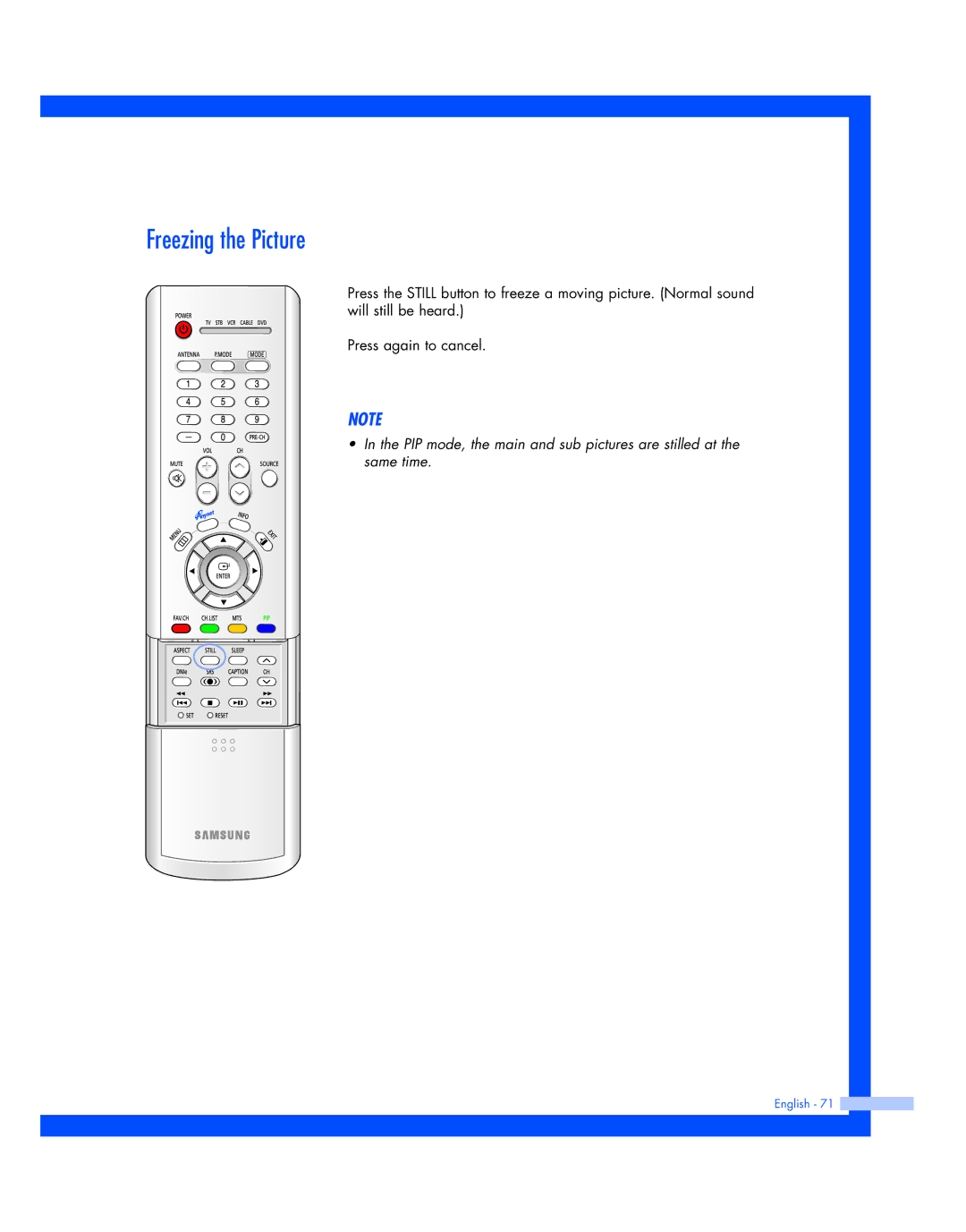 Samsung HL-R5687W, HL-R5087W instruction manual Freezing the Picture 