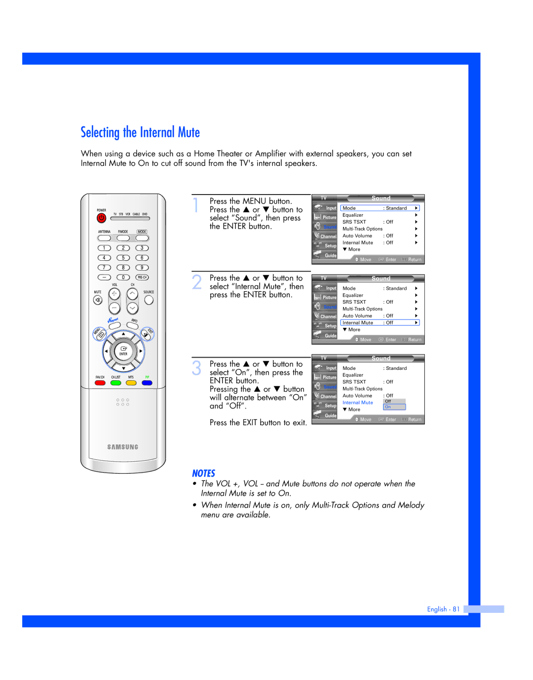 Samsung HL-R5687W, HL-R5087W instruction manual Selecting the Internal Mute 