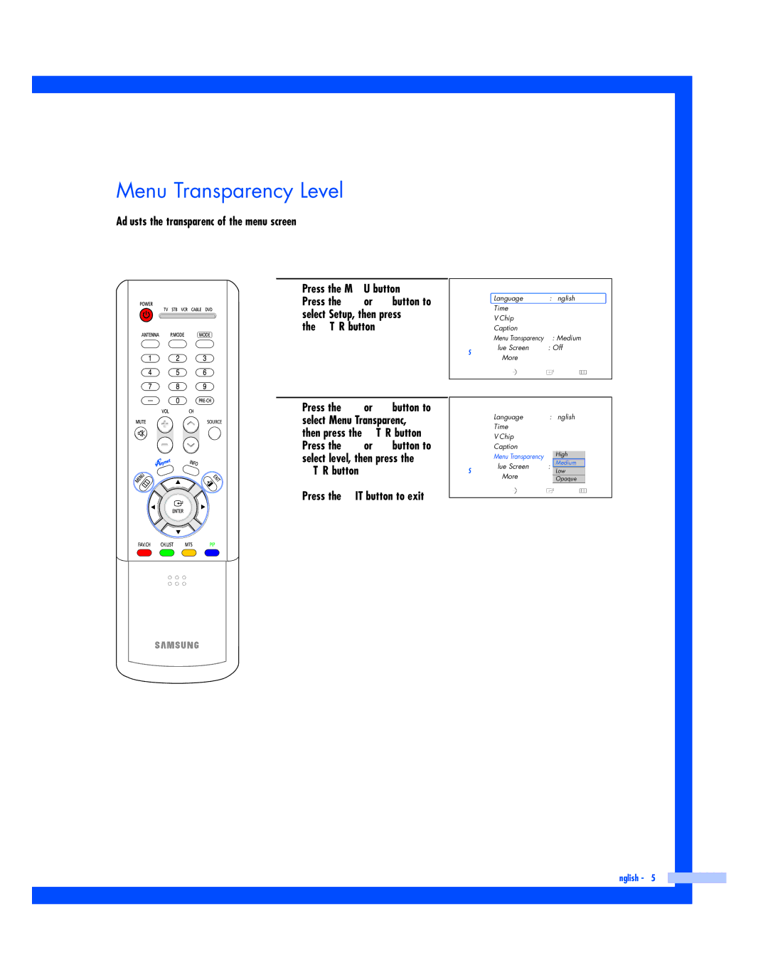 Samsung HL-R5687W, HL-R5087W instruction manual Menu Transparency Level 