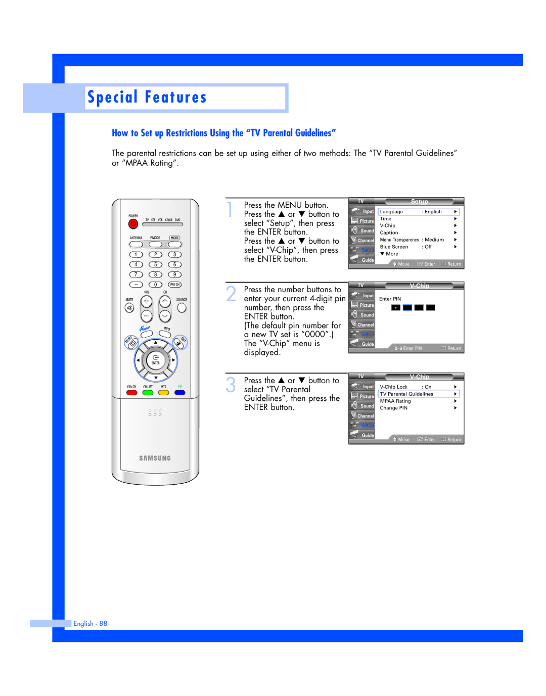 Samsung HL-R5087W, HL-R5687W instruction manual How to Set up Restrictions Using the TV Parental Guidelines 