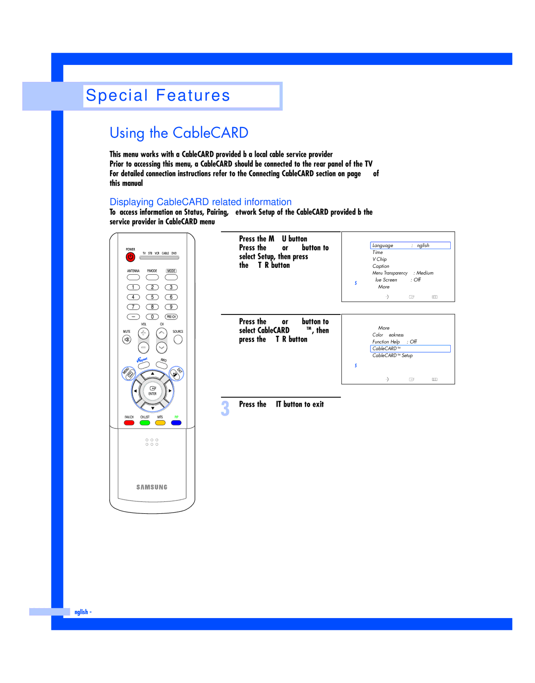 Samsung HL-R5087W, HL-R5687W instruction manual Using the CableCARD, Displaying CableCARD related information 