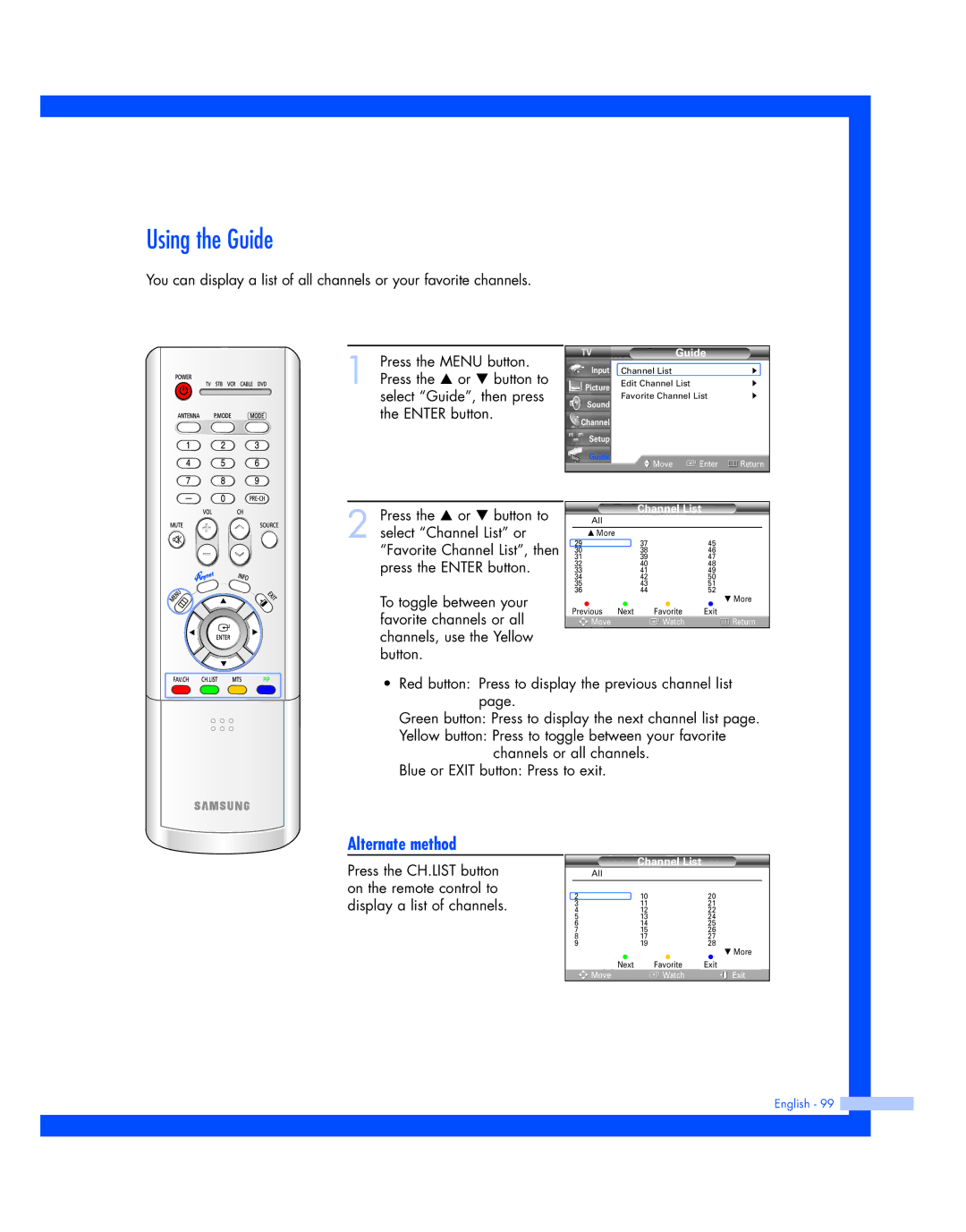 Samsung HL-R5687W, HL-R5087W instruction manual Using the Guide, Channel List 