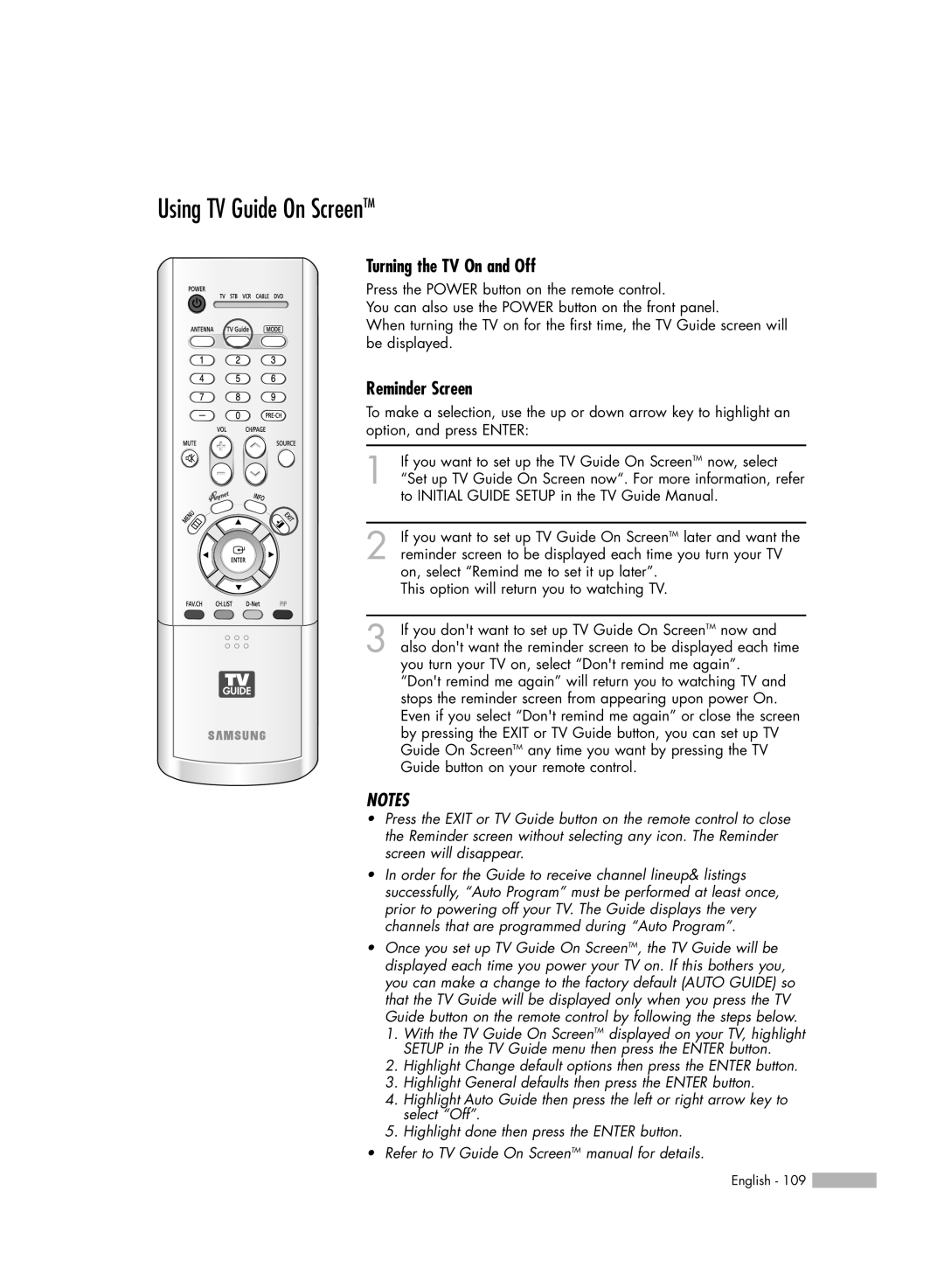 Samsung HL-R5688W manual Using TV Guide On ScreenTM, Turning the TV On and Off, Reminder Screen 