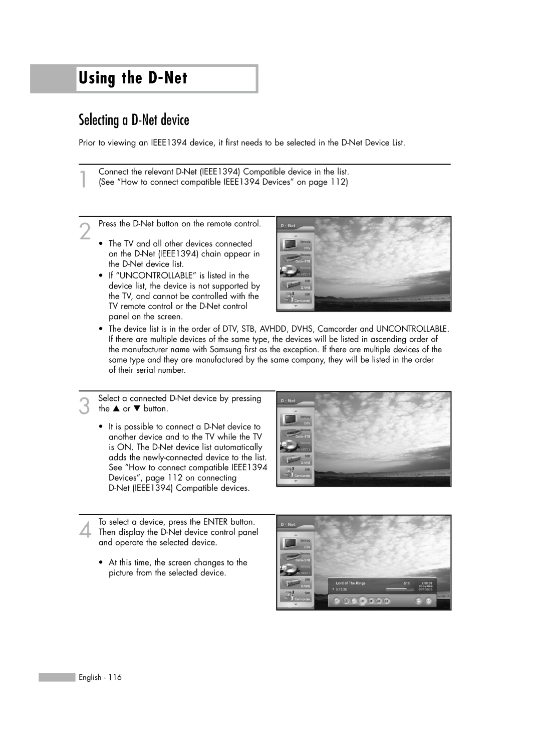 Samsung HL-R5688W manual Selecting a D-Net device 