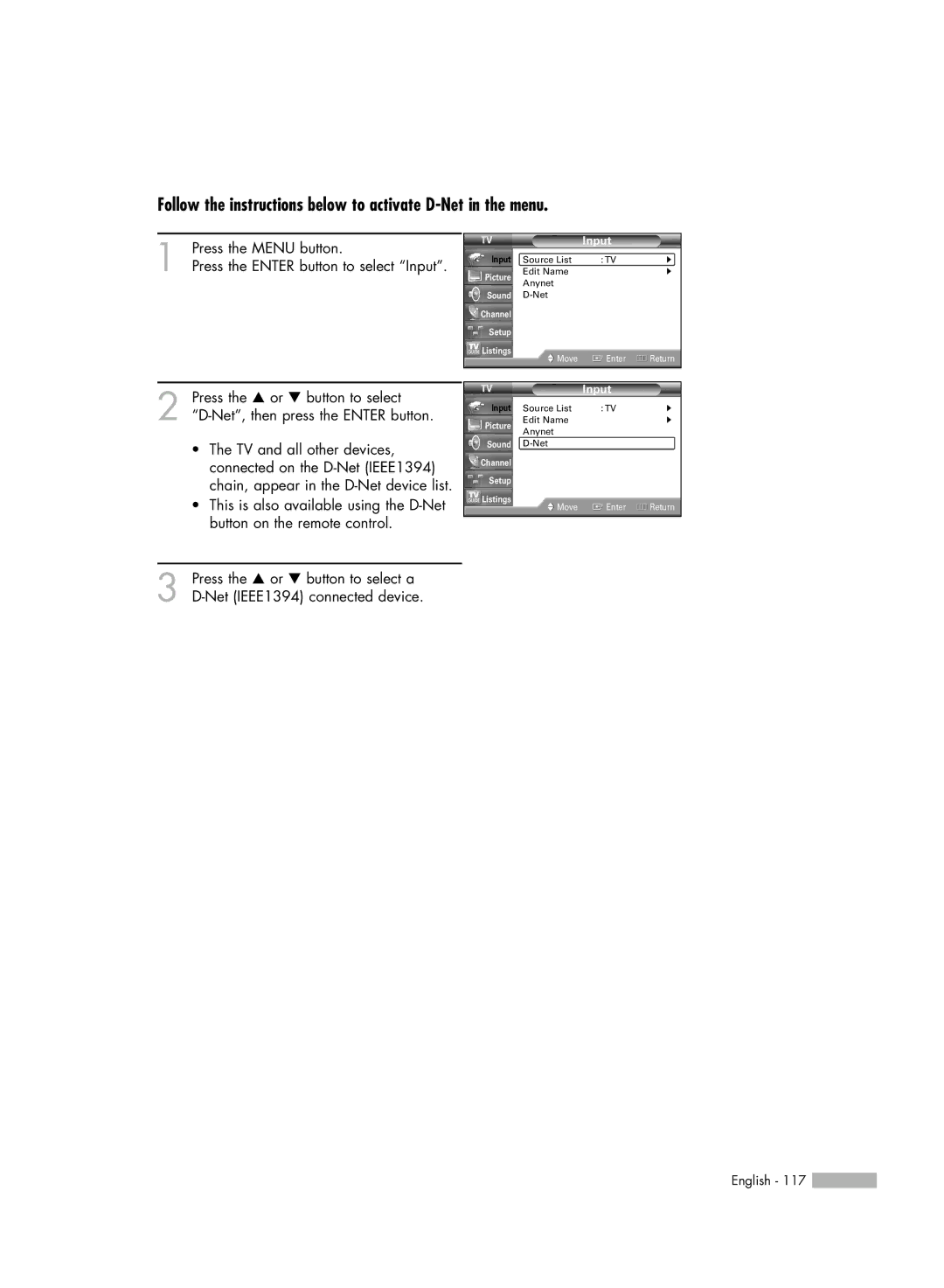 Samsung HL-R5688W manual Follow the instructions below to activate D-Net in the menu 