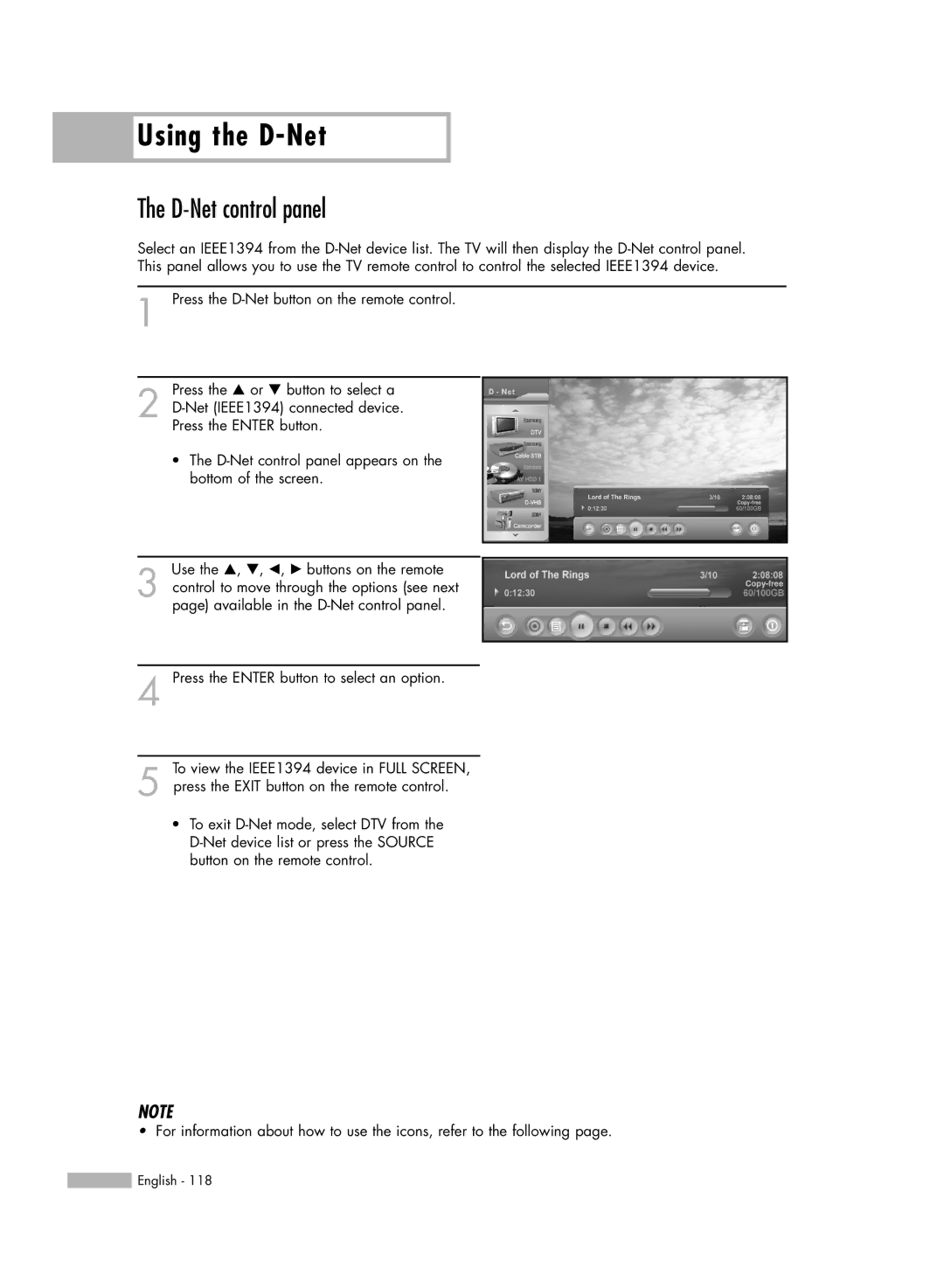 Samsung HL-R5688W manual D-Net control panel 