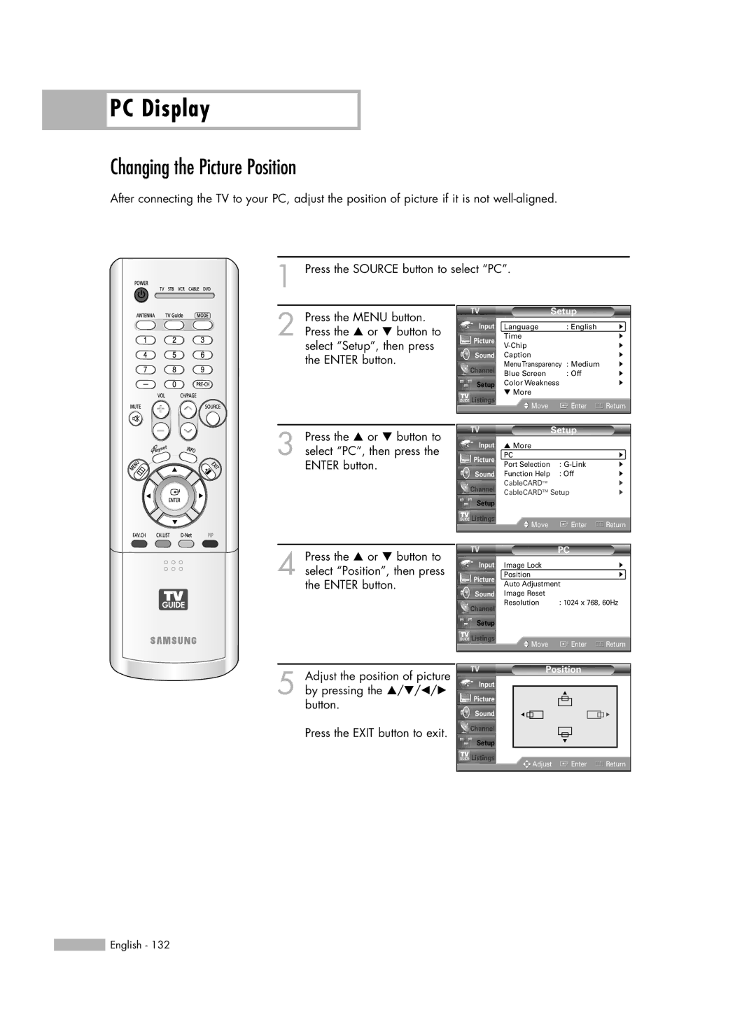 Samsung HL-R5688W manual Changing the Picture Position 