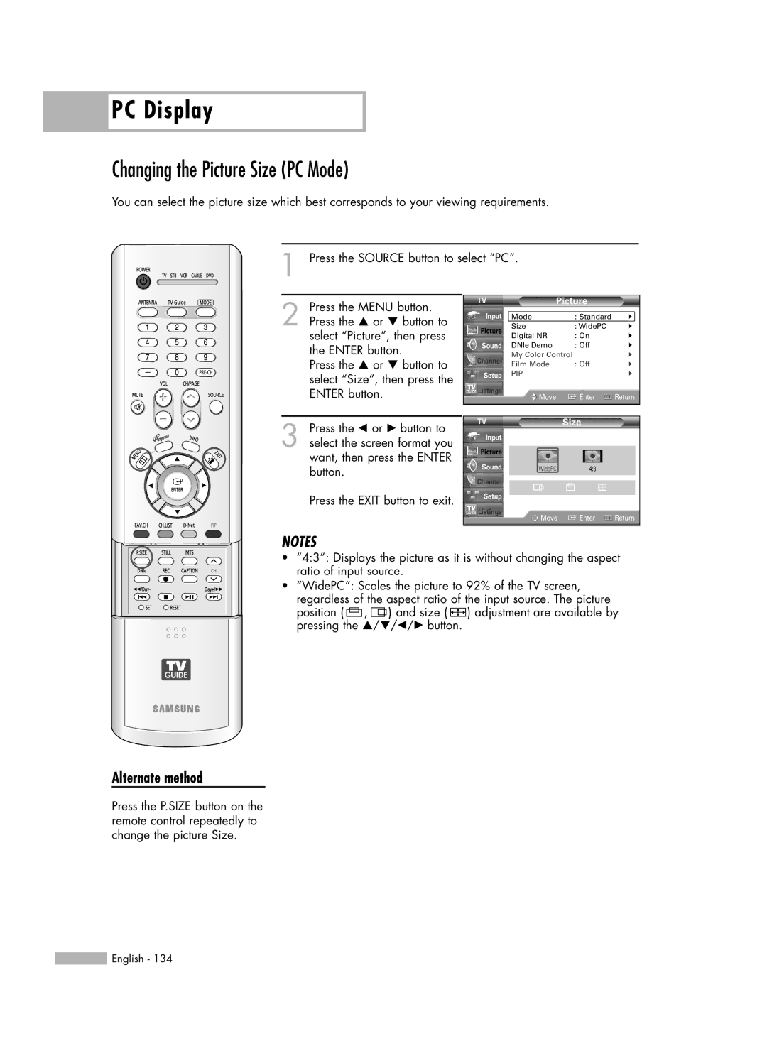 Samsung HL-R5688W manual Changing the Picture Size PC Mode, Alternate method 