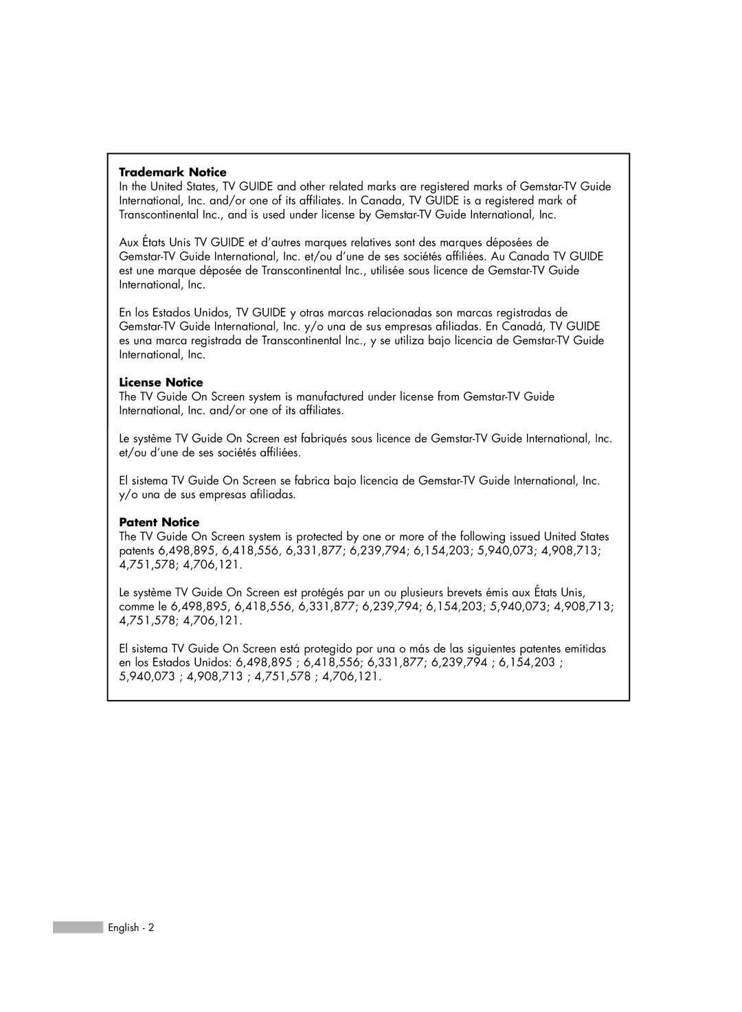 Samsung HL-R5688W manual Trademark Notice, License Notice, Patent Notice 