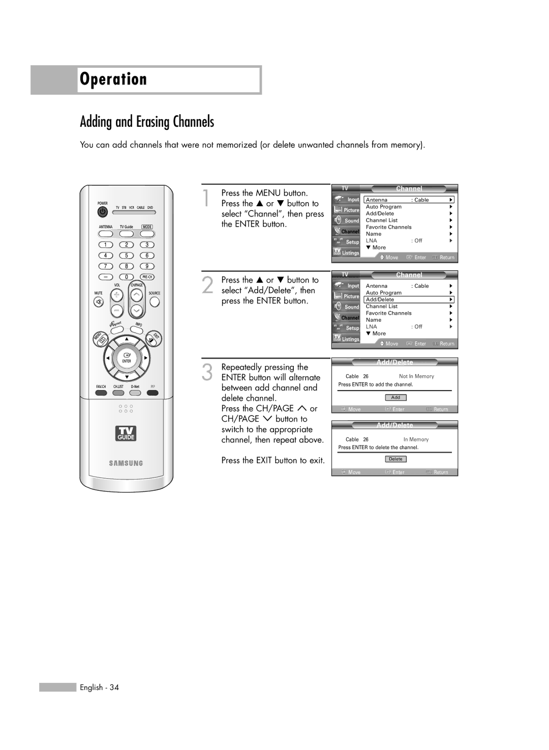 Samsung HL-R5688W manual Adding and Erasing Channels 