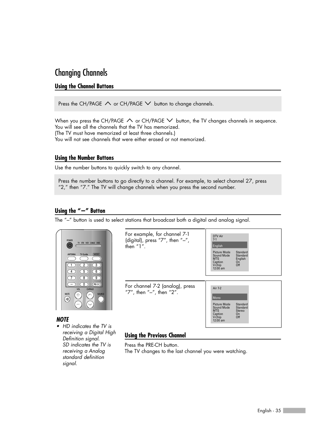 Samsung HL-R5688W manual Changing Channels, Using the Channel Buttons, Using the Number Buttons, Using the Button 