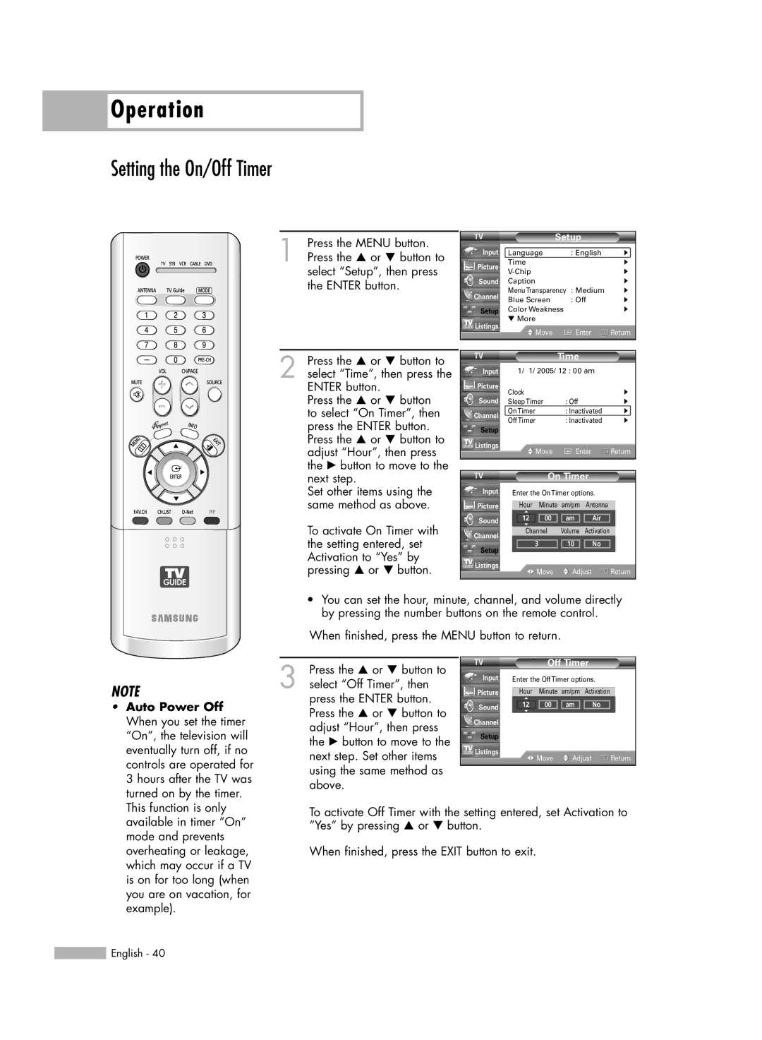 Samsung HL-R5688W manual Setting the On/Off Timer, Auto Power Off 