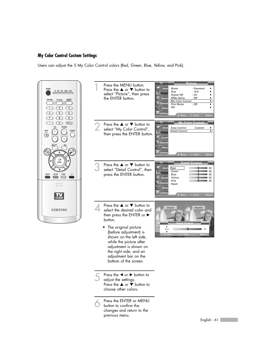 Samsung HL-R5688W manual My Color Control Custom Settings, Detail Control 