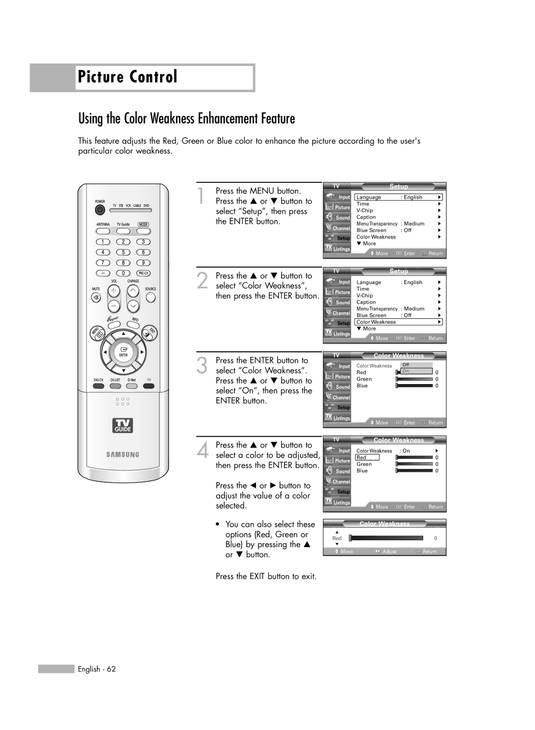 Samsung HL-R5688W manual Using the Color Weakness Enhancement Feature 