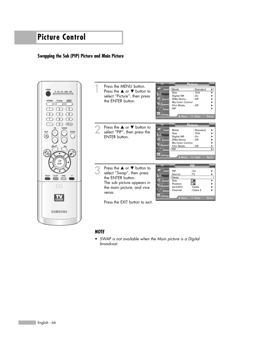 Samsung HL-R5688W manual Swapping the Sub PIP Picture and Main Picture 