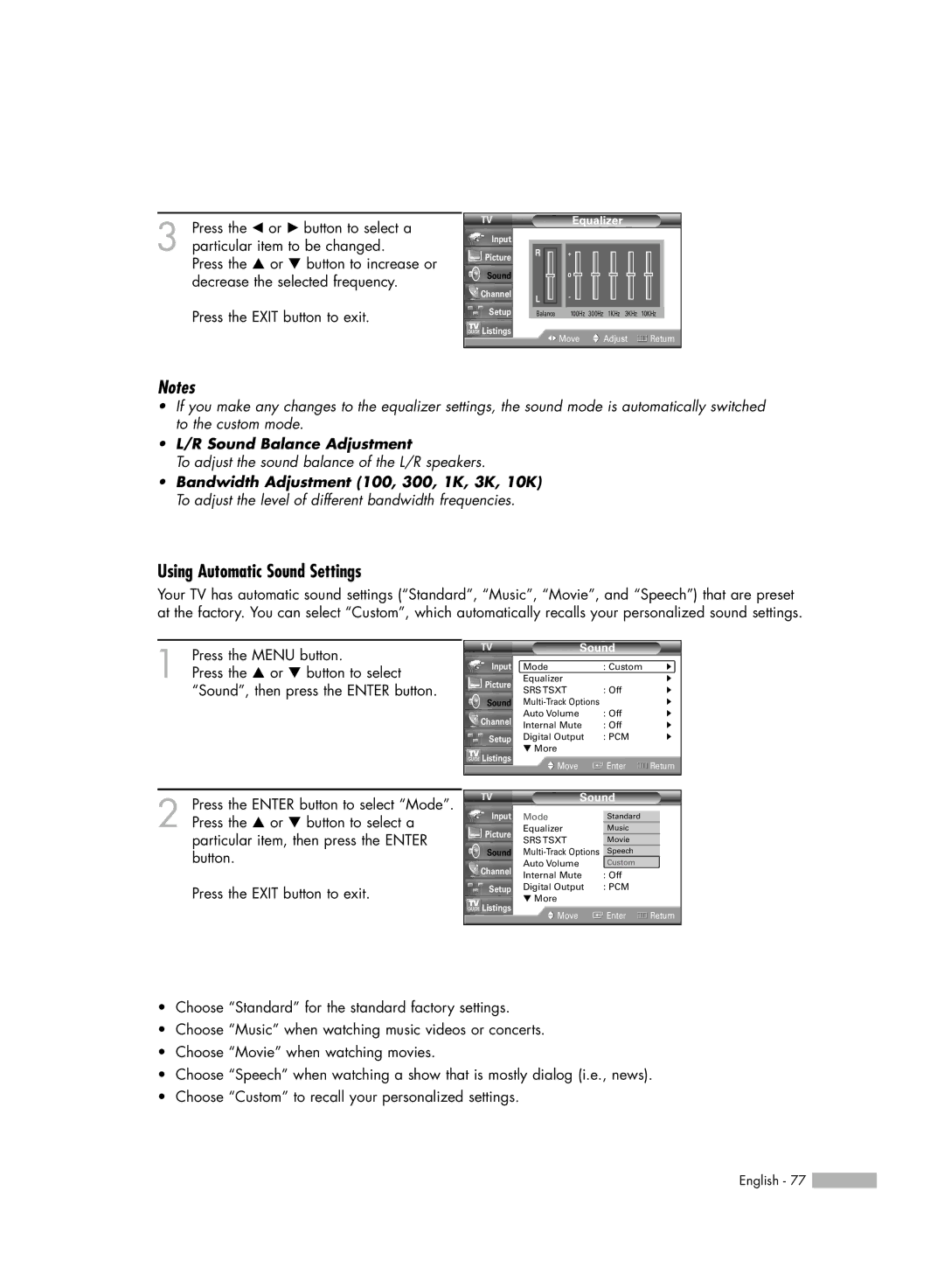 Samsung HL-R5688W manual Using Automatic Sound Settings 