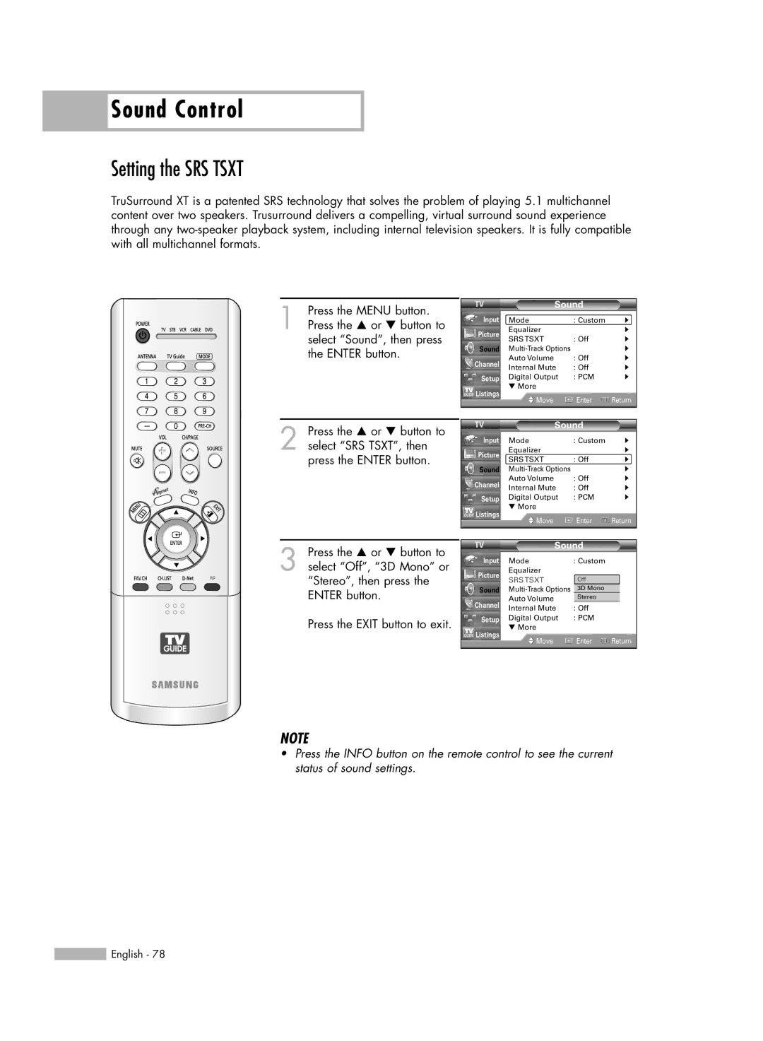 Samsung HL-R5688W manual Setting the SRS Tsxt 