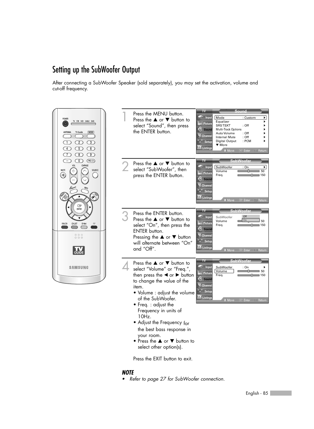 Samsung HL-R5688W manual Setting up the SubWoofer Output 