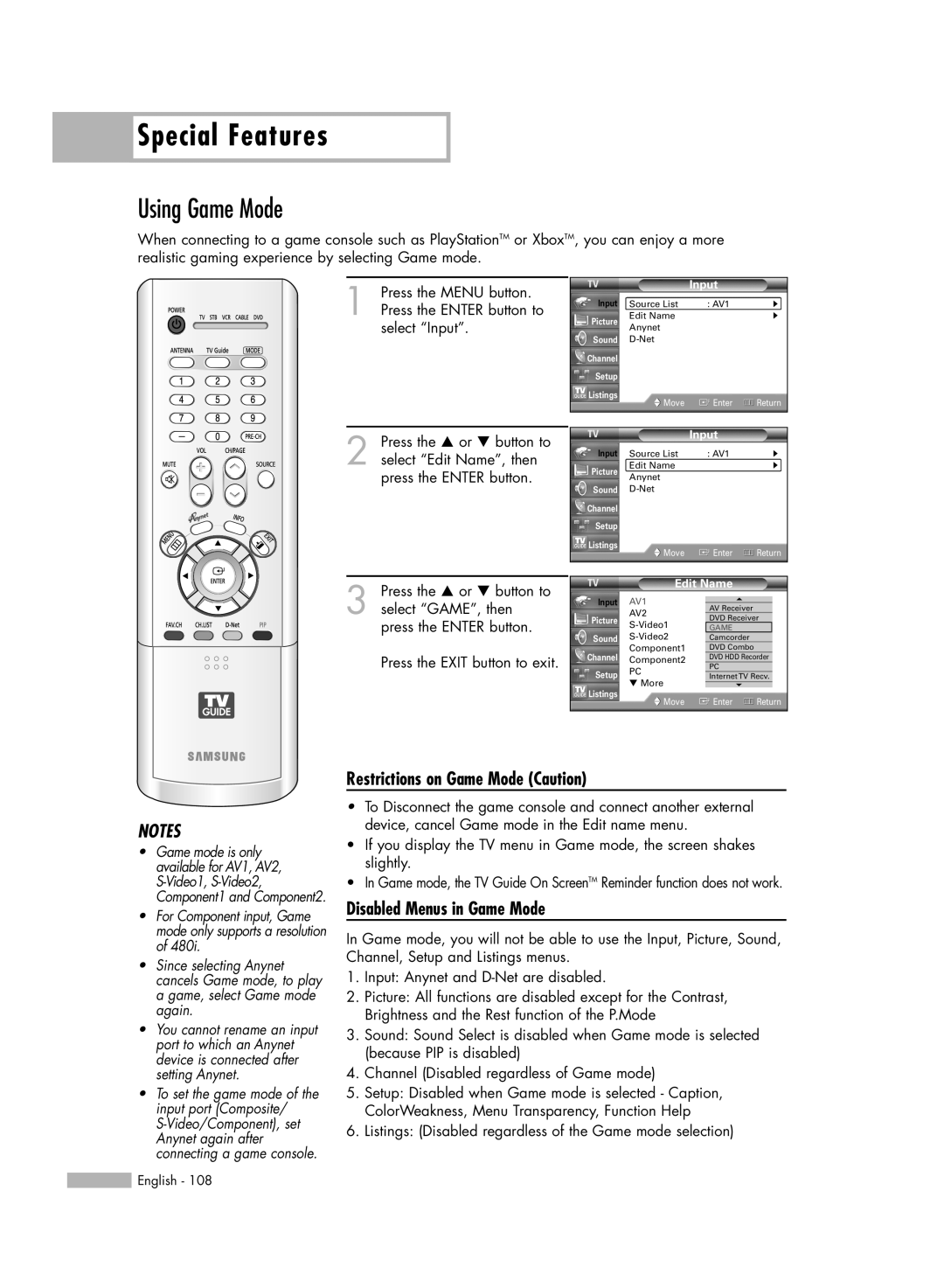 Samsung HL-R5688W manual Using Game Mode, Restrictions on Game Mode Caution, Disabled Menus in Game Mode 