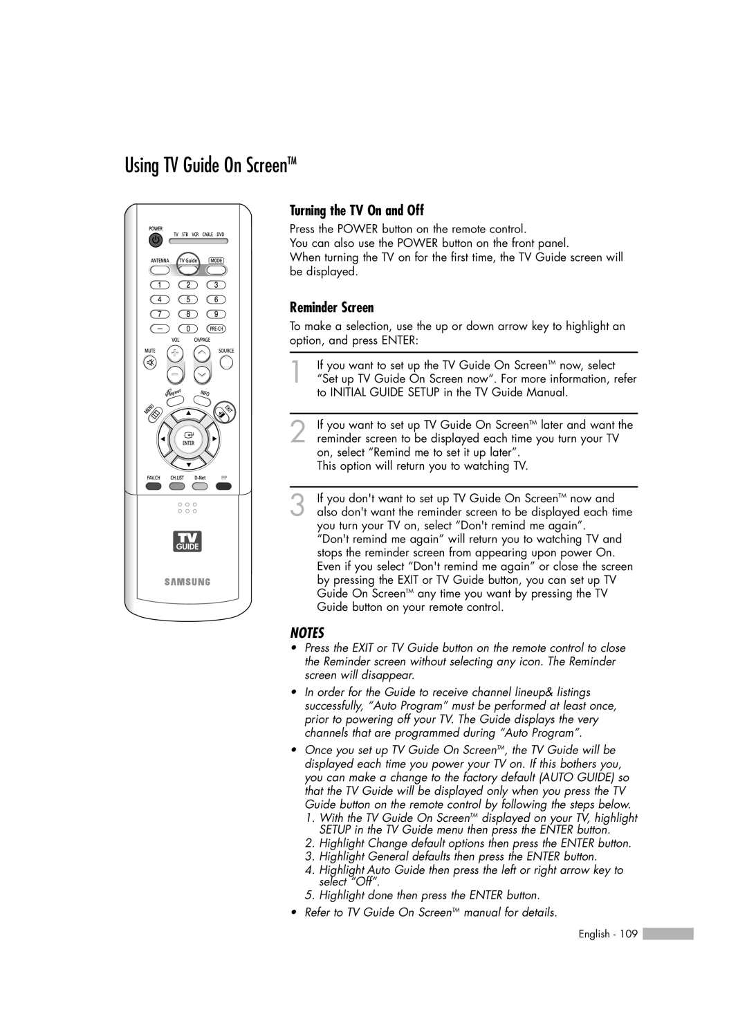 Samsung HL-R5688W manual Using TV Guide On ScreenTM, Turning the TV On and Off, Reminder Screen 