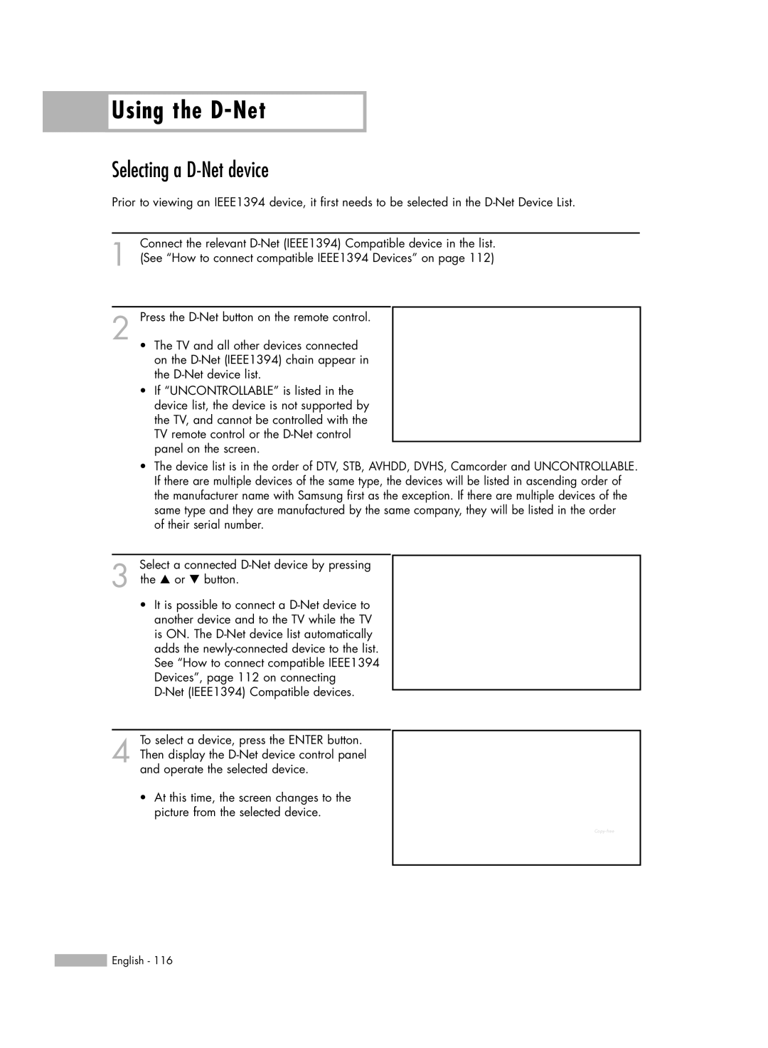 Samsung HL-R5688W manual Selecting a D-Net device 