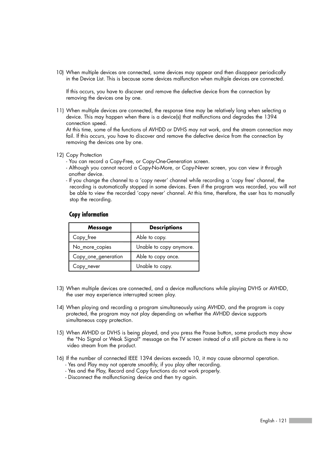 Samsung HL-R5688W manual Copy information, Message Descriptions 