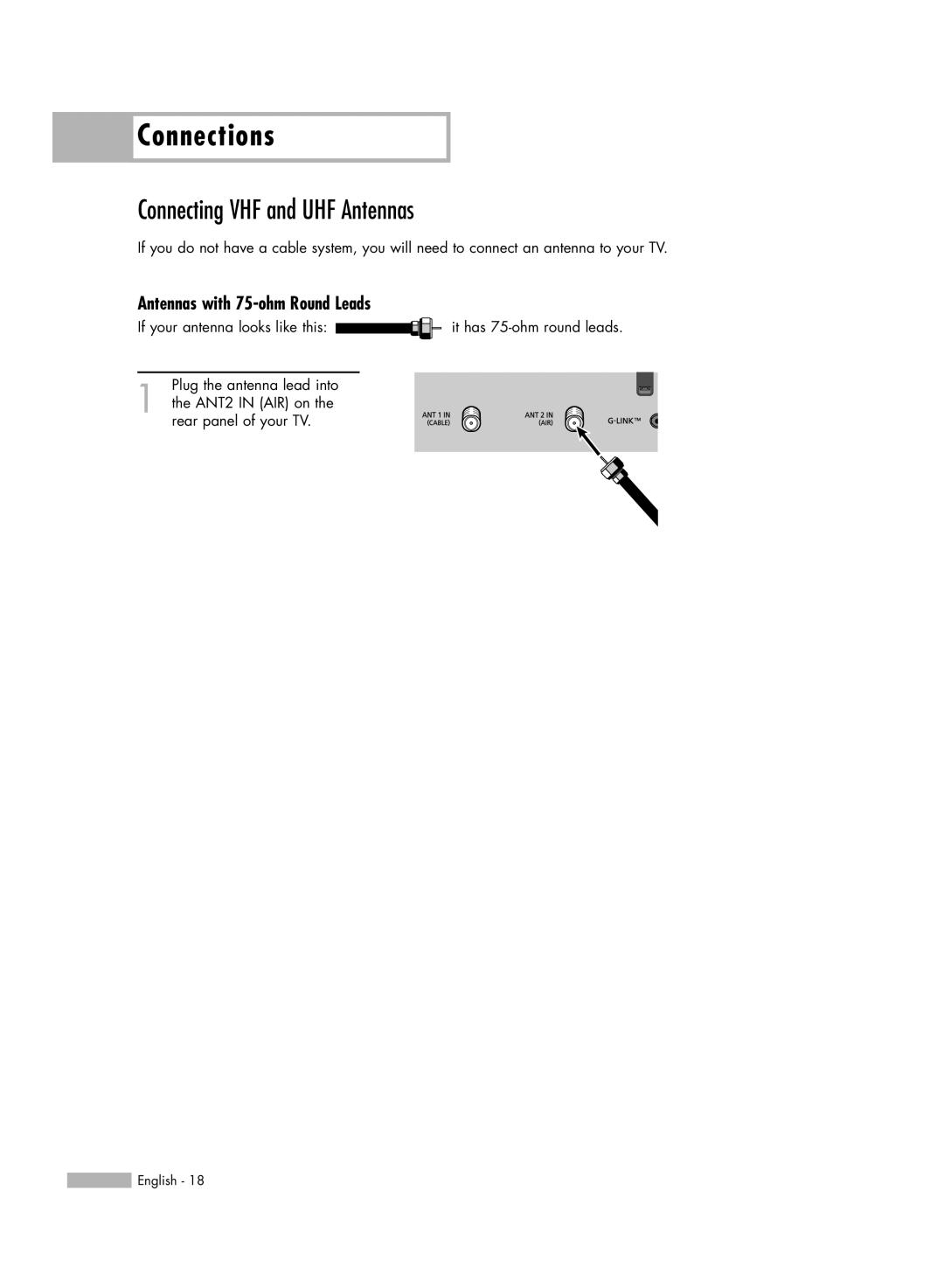 Samsung HL-R5688W manual Connecting VHF and UHF Antennas, Antennas with 75-ohm Round Leads 