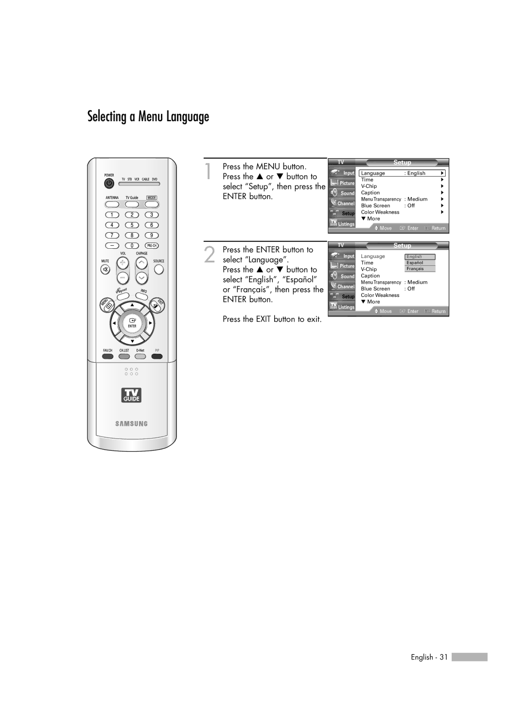 Samsung HL-R5688W manual Selecting a Menu Language, Setup 