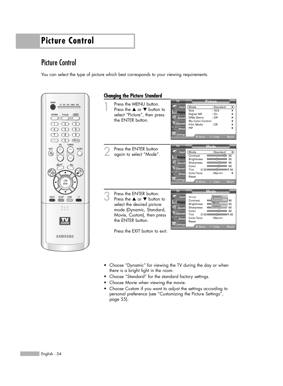 Samsung HL-R5688W manual Picture Control, Changing the Picture Standard 