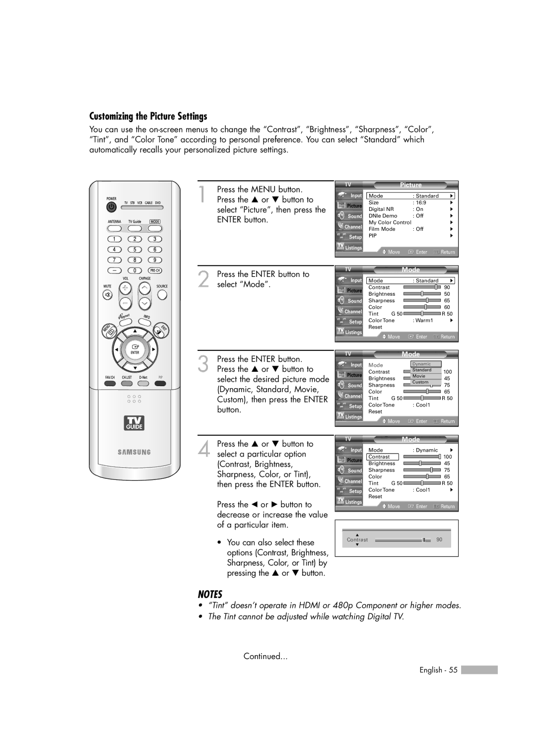 Samsung HL-R5688W manual Customizing the Picture Settings 